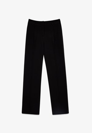 Schwarze, maßgeschneiderte Hosen aus gewebtem Stoff. Sie verfügen über ein gerades Bein-Design, zwei vordere Falten und eine glatte, matte Textur.