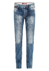 Lichtblauwe spijkerbroek van denim met een vervaagde was, vijf zakken en contrasterende stiksels. Bevat een knoopsluiting en een gemerkte tailleband.