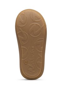 Suola in gomma di colore marrone chiaro, con superficie testurizzata e motivo circolare. Il marchio "Naturino" è impresso vicino al tallone.