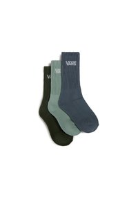 Set med tre ribbade bomullssockor i mörkgrön, ljusgrön och mörkblå, med vit "VANS"-logotyp på ovansidan.