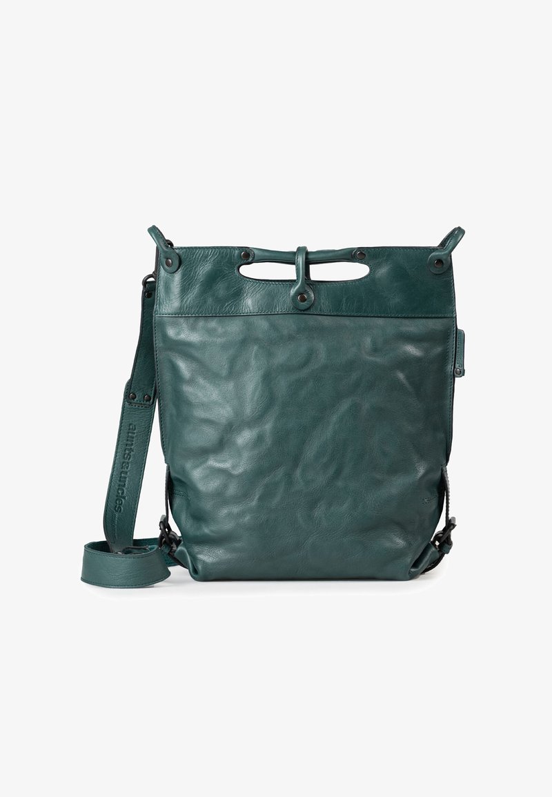 Borsa a tracolla in pelle teal con finitura textured, due manici intagliati, tracolla regolabile e dettagli in metallo circolari.