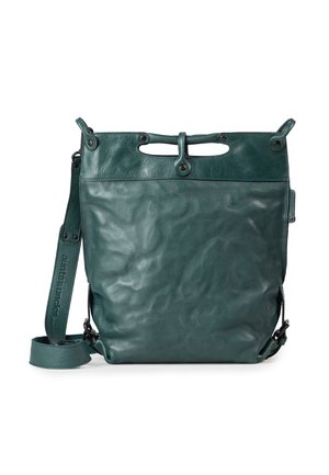 Borsa a tracolla in pelle teal con finitura textured, due manici intagliati, tracolla regolabile e dettagli in metallo circolari.