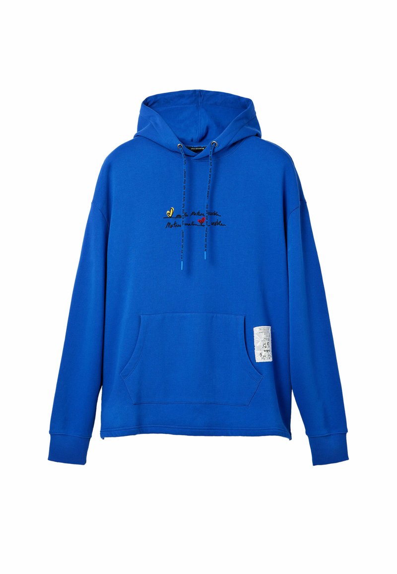 Niebieska bawełniana bluza z kapturem ze sznurkiem, kieszenią z przodu oraz haftowanym tekstem i grafikami w kolorze żółtym i czarnym. Posiada naszywkę z boku.