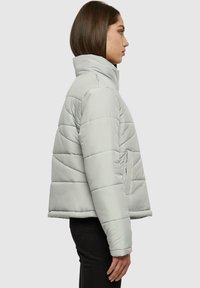 Jachetă puffer de culoare gri deschis, cu un design scurt, cu un guler înalt, model matlasat și buzunar lateral, având un finisaj neted și lucios.