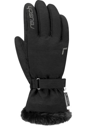 Black gloves with a textured fabric, fur-lined cuff, stitching details, and a buckle closure. Features a gray logo on the top.