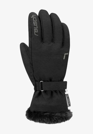 Black gloves with a textured fabric, fur-lined cuff, stitching details, and a buckle closure. Features a gray logo on the top.