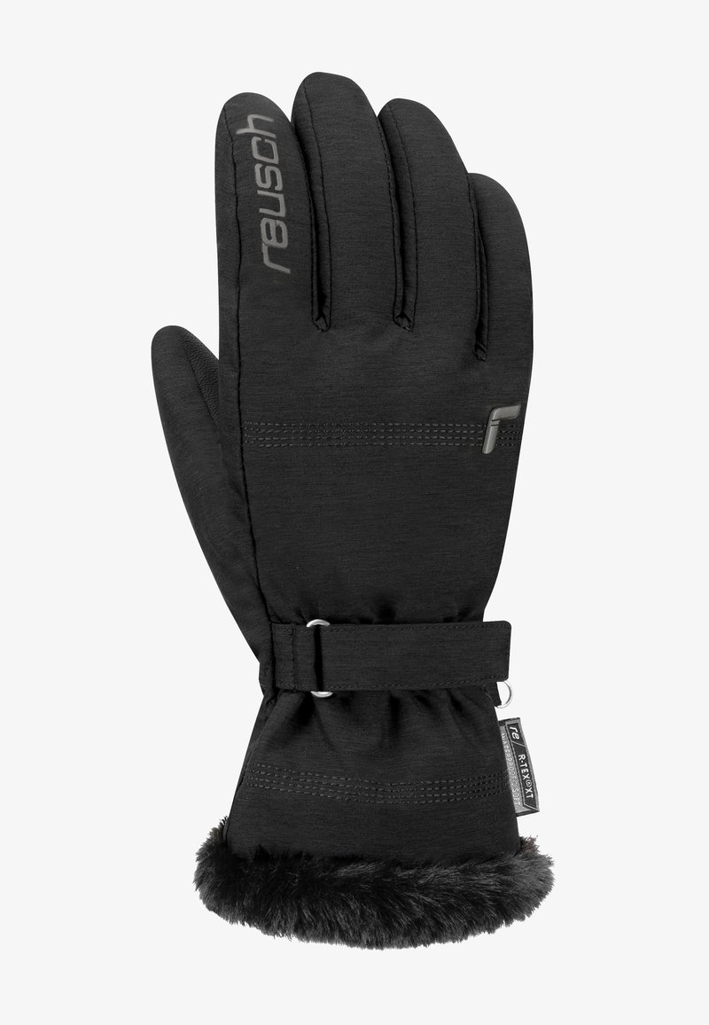 Guantes negros con un tejido texturizado, puño forrado de piel, detalles de costura y cierre de hebilla. Presenta un logo gris en la parte superior.
