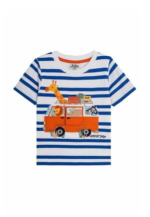 Stripet t-shirt i hvid og blå med en orange varevogn grafik, hvor der står en giraf og andre dyr ovenpå. Bomuldsblanding, kortærmet, rund halsudskæring.