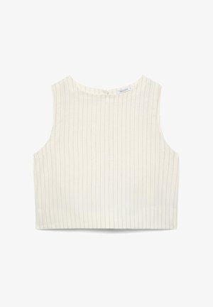 Haut court sans manches de couleur crème avec de fines rayures verticales noires et un col rond.