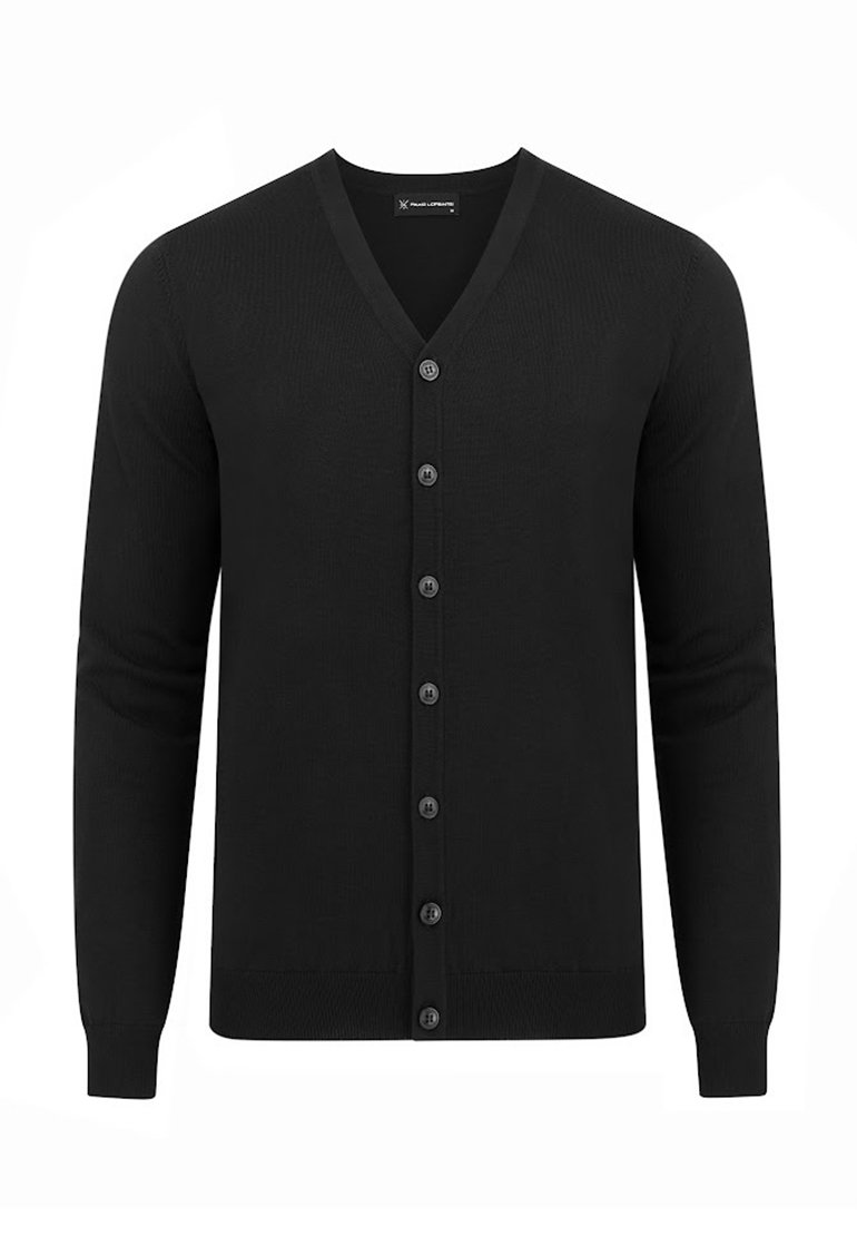 Czarny kardigan z dekoltem w serek, długimi rękawami, żebrowaną teksturą i sześcioma guzikami z przodu. Gładki materiał i klasyczny krój.