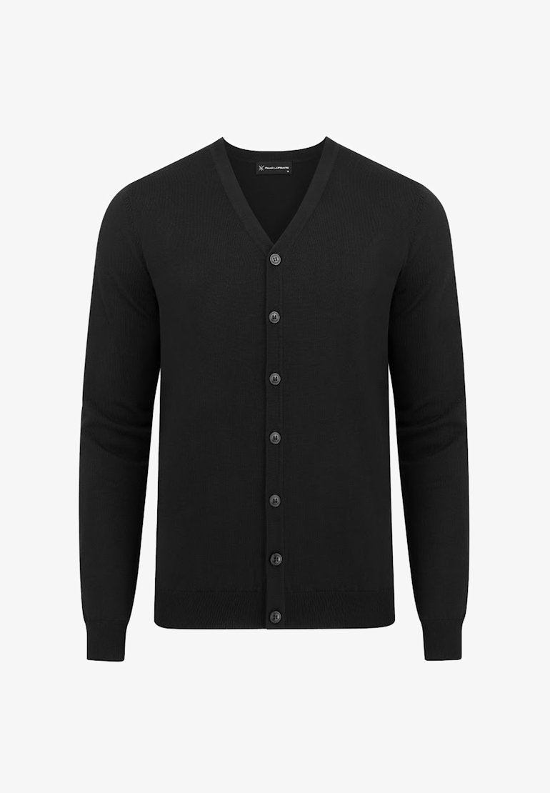 Czarny kardigan z dekoltem w serek, długimi rękawami, żebrowaną teksturą i sześcioma guzikami z przodu. Gładki materiał i klasyczny krój.