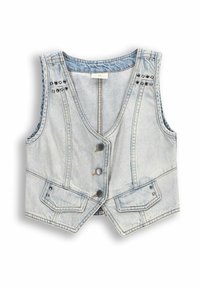 Jeansowa kamizelka w jasnoniebieskim kolorze z dekoltem w kształcie litery V, z zapięciem na zatrzaski, przednimi kieszeniami i ozdobnymi ćwiekami na ramionach.