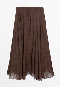 Brown midi skirt with black polka dots, flowy fabric, and a concealed back zipper, displayed against a white background.