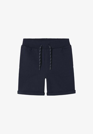 Shorts en coton bleu marine avec une taille élastique, un cordon de serrage ajustable et des ourlets roulés. Texture lisse et design décontracté.
