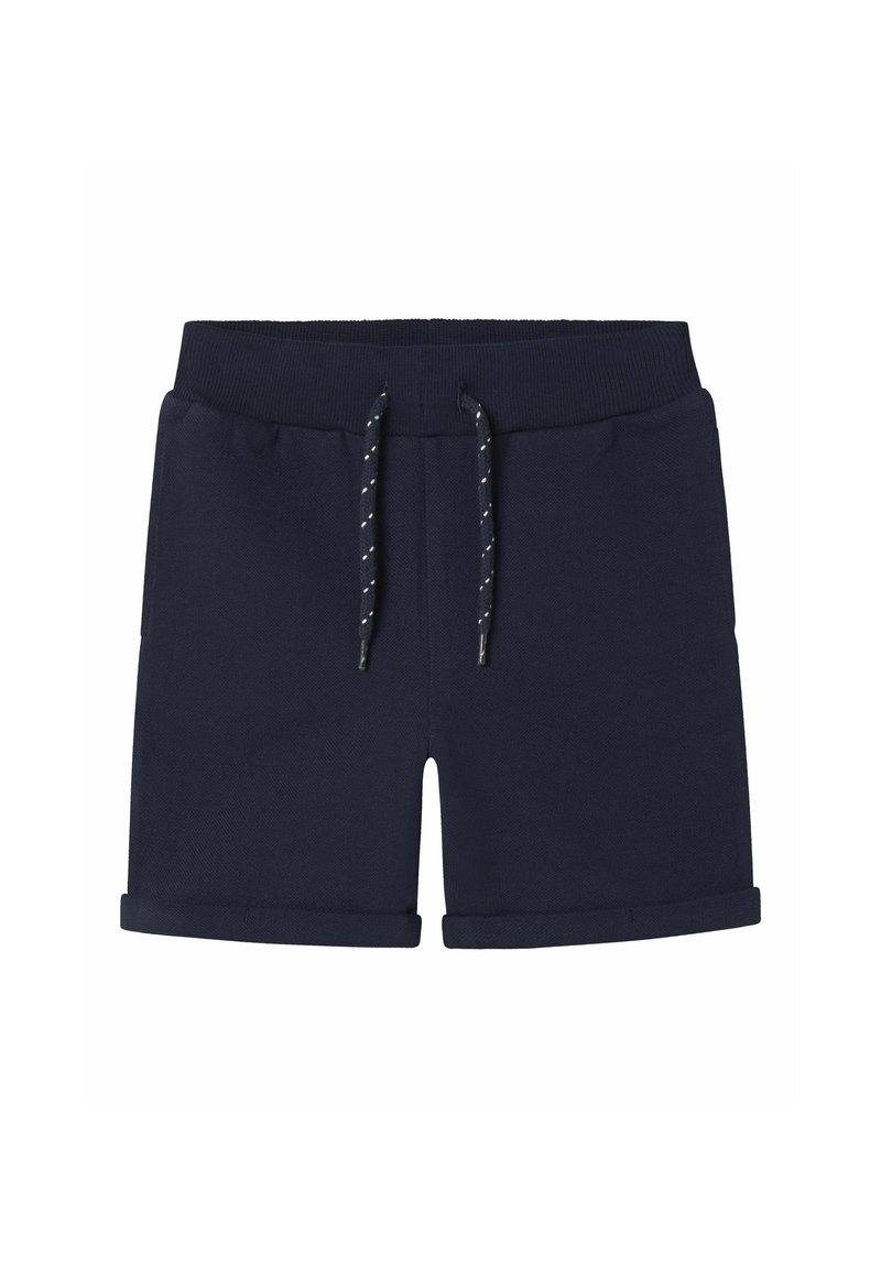 Bermudas de algodón azul marino con cintura elástica, cordón ajustable y dobladillos enrollados. Textura suave y diseño casual.