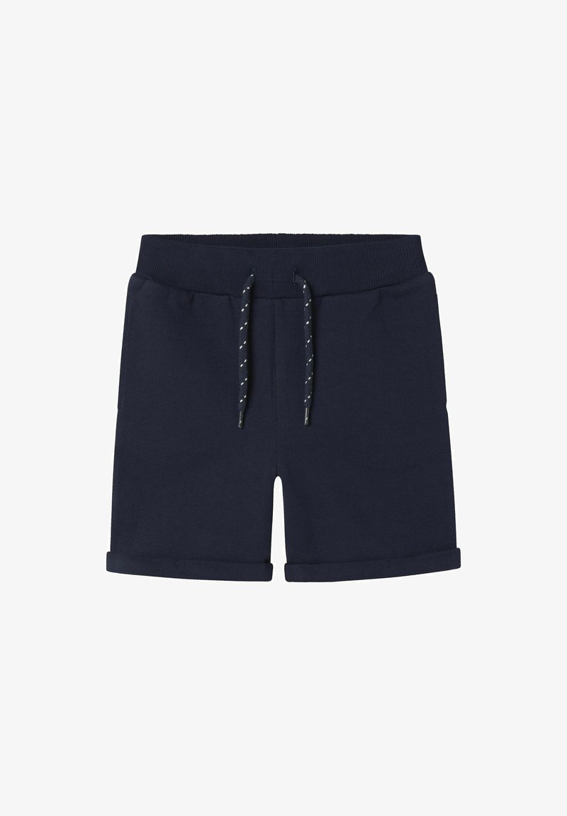 Bermudas de algodón azul marino con cintura elástica, cordón ajustable y dobladillos enrollados. Textura suave y diseño casual.