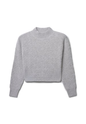Pull en maille gris clair avec un col montant, un motif texturé et des manches longues. Coupe courte et poignets côtelés, conçu pour la chaleur.