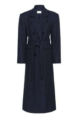 Double-breasted navy wool blend coat, long sleeves, self-tie belt, two front pockets, notched collar, textured fabric.