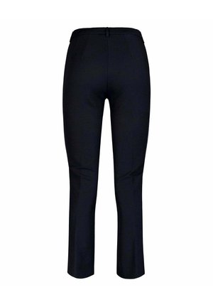 Pantaloni neri con un design a gamba dritta, caratterizzati da un tessuto liscio, una vita con passanti per cintura e due tasche posteriori.