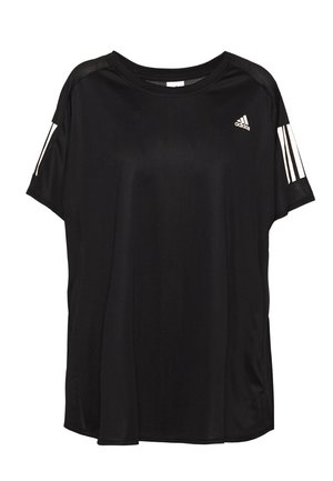 T-shirt de sport noir à manches courtes Adidas, avec des bandes blanches sur les manches, un petit logo sur la poitrine et des empiècements en mesh aux épaules, sur fond blanc.