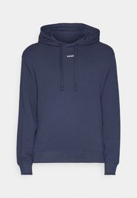 Sweat à capuche bleu marine avec poche avant, capuche réglable avec cordon, poignets et ourlet côtelés, et petit logo blanc "HUGO" sur la poitrine.