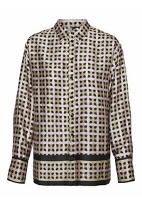 Camicia in seta con bottoni, caratterizzata da un motivo a griglia nei colori beige, nero e rosa, con maniche lunghe e dettagli neri all'orlo e ai polsini.