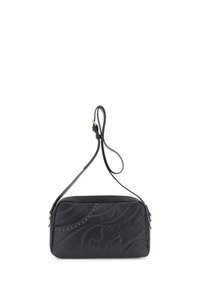 Borsa a tracolla nera rettangolare con tracolla regolabile, design trapuntato, piccoli borchie in metallo e logo impresso "Calvin Klein Jeans".