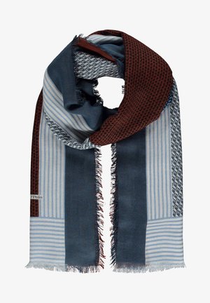 Écharpe rectangulaire aux panneaux bleu marine, bleu clair et rouille, ornée de rayures, de petits motifs floraux et de motifs en pointillés, avec des bords frangés.