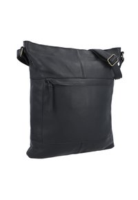 Black leather shoulder bag with a soft texture, featuring a front zip pocket, adjustable strap, and a minimalist design.