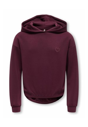 Weinrotes Kapuzensweatshirt mit langen Ärmeln und kleinem besticktem Herz auf der linken Brust, dargestellt vor weißem Hintergrund.