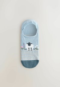 Vaaleansiniset nilkkasukat, joissa mustavalkoinen lampaan kuvio, kukkaiskoristeet ja vaakaraidat alareunassa. Pehmeä neulottu kangas.