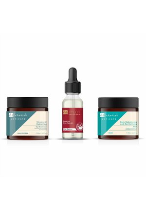 Trzy produkty do pielęgnacji skóry: nawilżający krem na dzień z witaminą E, wegańskie serum pod oczy z kolagenem i zakraplaczem oraz maska rewitalizująca do przywracania równowagi skórze.