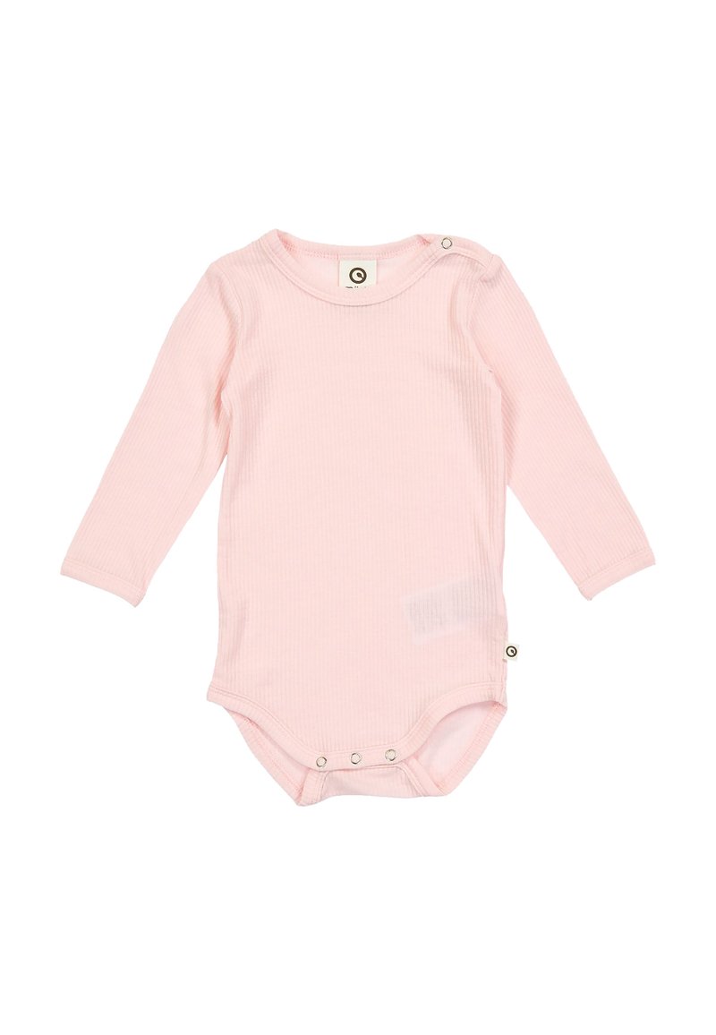 Pink long-sleeve ribbed onesie with snap button closures at the shoulder and bottom, made from soft, stretchy cotton material.