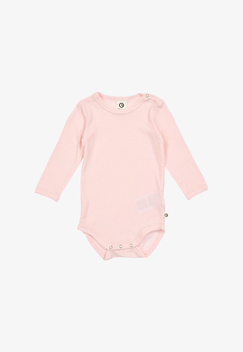 Růžový dlouhý rukáv ribbed overal s druky na rameni a na dně, vyrobený z měkkého elastického bavlněného materiálu.