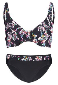 Bikini-set med blommönster som har en svart bas med färgglada blommor. Toppen har en strukturerad design med ett mittfäste och justerbara remmar.
