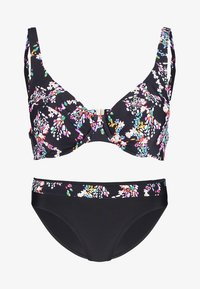 Conjunto de bikini con estampado floral que presenta una base negra con coloridos patrones de flores. La parte superior tiene un diseño estructurado con un cierre central y tirantes ajustables.