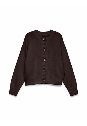 Cardigan en maille marron foncé avec manches longues, encolure ronde, ourlet et poignets côtelés, et six grands boutons en écaille de tortue sur le devant.