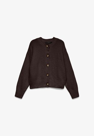 Donkerbruine gebreide vest met lange mouwen, ronde halslijn, geribbelde zoom en manchetten, en zes grote tortoiseknopen aan de voorkant.