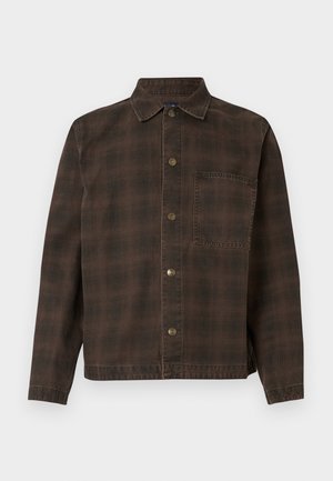 Brown plaid jacket with a button-up front, collar, and single chest pocket. Made of textured fabric with metallic buttons.