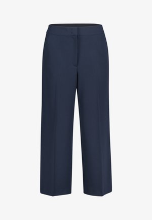 Marineblaue Hosen mit weitem Bein aus glattem Stoff und elastischem Bund. Mit einer Fronttasche und sauberem Saum ohne sichtbare Verschlüsse.