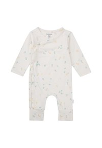 Langärmeliger Baby-Body aus weicher cremefarbener Baumwolle mit einem verspielten Muster aus türkisfarbenen Kreisen und gelben Akzenten; seitlicher Druckknopfverschluss.