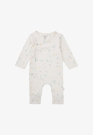 Long-sleeve baby romper made of soft cream fabric with a playful pattern of turquoise circles and yellow accents; side snap closure.