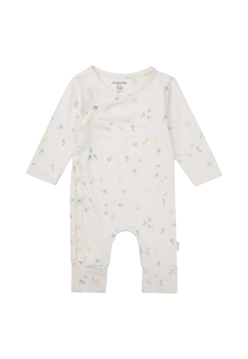 Langärmeliger Baby-Body aus weicher cremefarbener Baumwolle mit einem verspielten Muster aus türkisfarbenen Kreisen und gelben Akzenten; seitlicher Druckknopfverschluss.