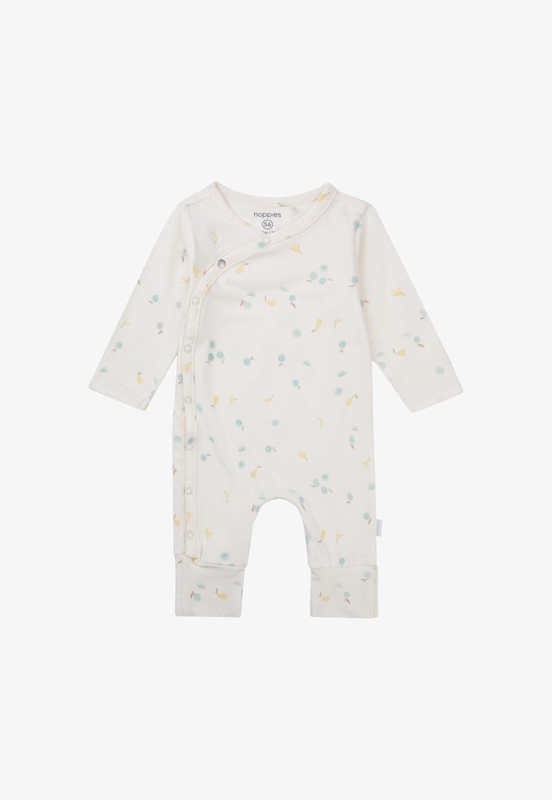 Langärmeliger Baby-Body aus weicher cremefarbener Baumwolle mit einem verspielten Muster aus türkisfarbenen Kreisen und gelben Akzenten; seitlicher Druckknopfverschluss.