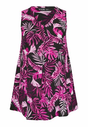 Mouwloze A-lijn blouse met V-hals, met roze en paarse tropische bladpatronen op een zwarte achtergrond.