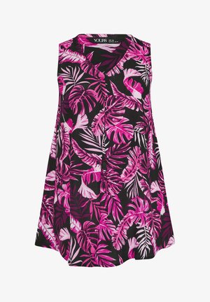 Mouwloze A-lijn blouse met V-hals, met roze en paarse tropische bladpatronen op een zwarte achtergrond.