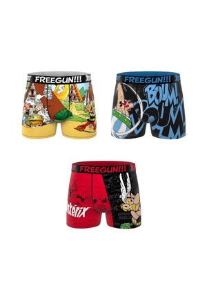 Trois paires de boxers colorés présentant des personnages et scènes du dessin animé Astérix, chacun avec un design distinct et une ceinture "FREEGUN!!!".