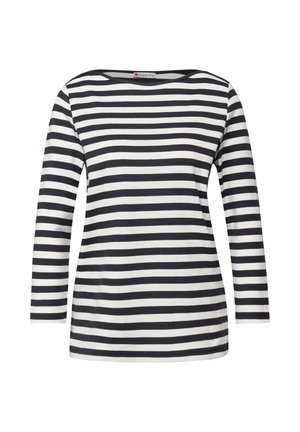 Long-sleeve top featuring a navy and white horizontal striped pattern, round neckline, and soft fabric texture.