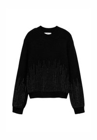 Schwarzer gestrickter Pullover mit einem runden Ausschnitt und langen Ärmeln, der am Saum einen Verlauf aus kleinen metallischen Akzenten aufweist.