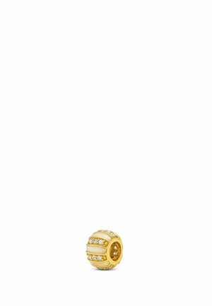 Goldfarbener Charm-Bead mit erhabenen Streifen und eingearbeiteten klaren Edelsteinen. Runde Form mit strukturierter Oberfläche und zentralem Loch zum Auffädeln.